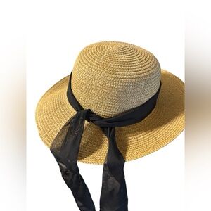 🌟La Vie En Rose Tan and Black Straw Hat with Elegant Ribbon